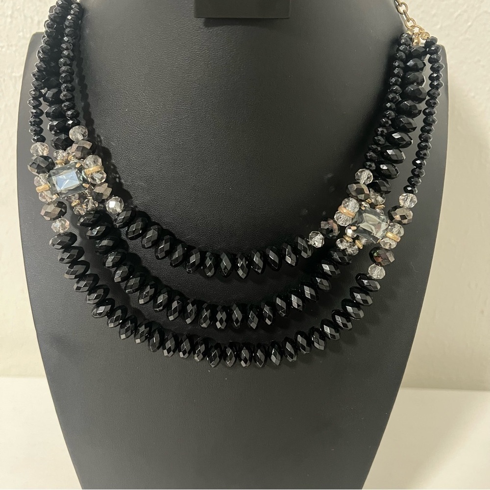 Vintage 3 Strand Necklace Gold Toned Smokey Rhinestones Clear & Black Beads